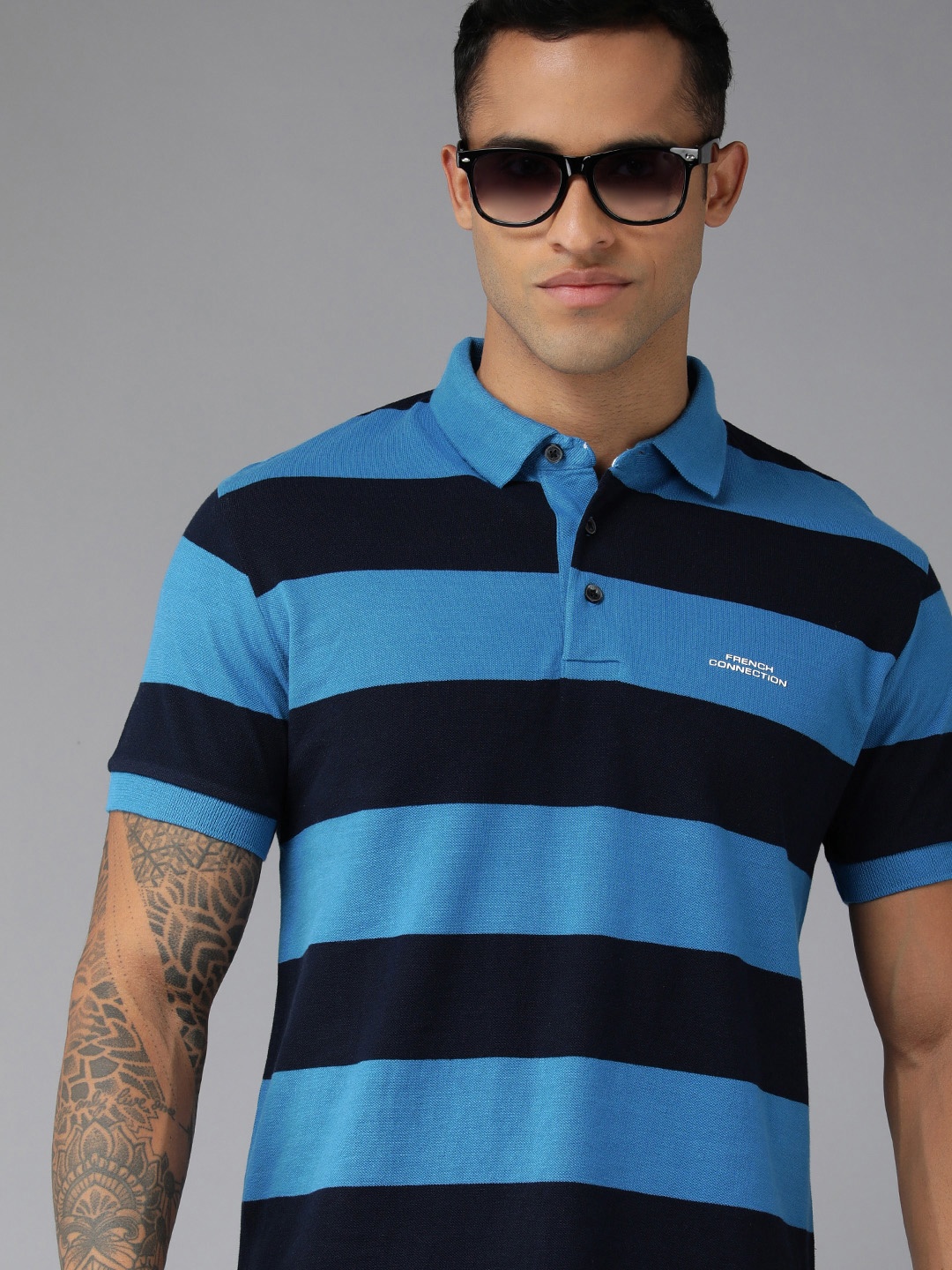 

French Connection Men Blue Striped Polo Collar Pure Cotton Slim Fit T-shirt