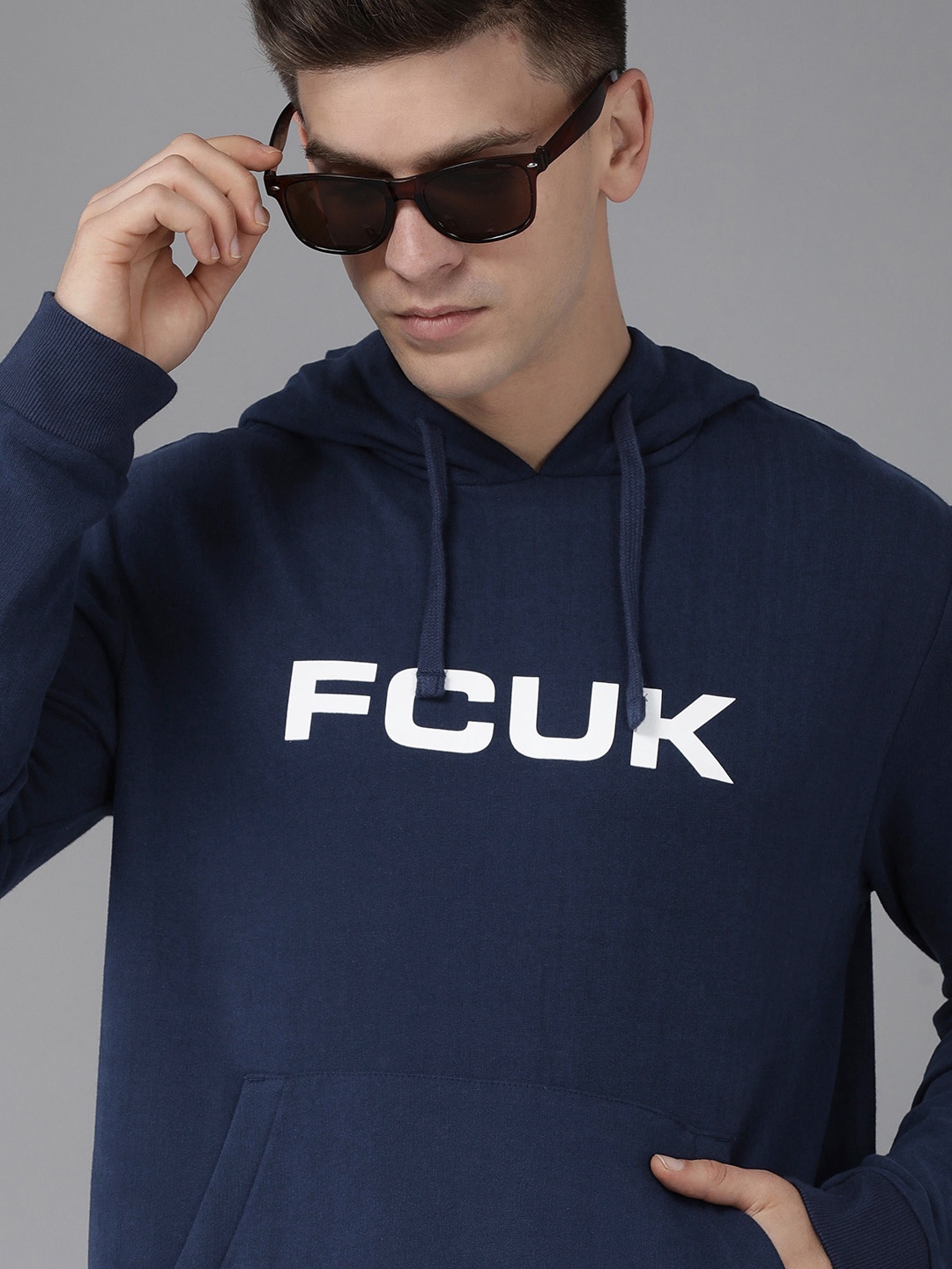 

French Connection Men Navy Blue Brand Logo Printed Hooded Sweatshirt