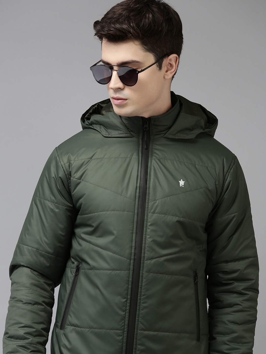 

French Connection Men Olive Green Solid Hooded Padded Jacket