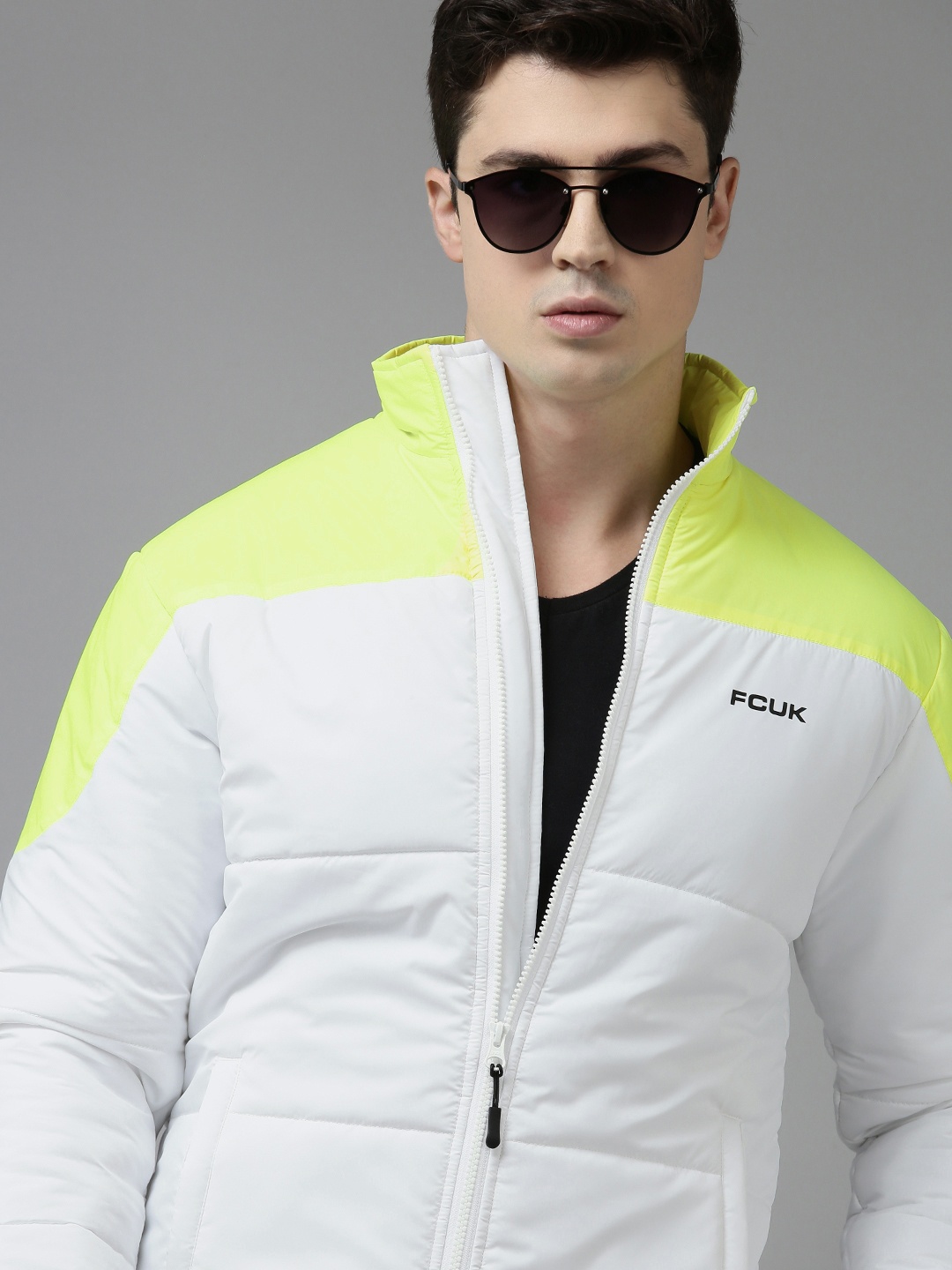 

French Connection Men White & Fluorescent Green Colourblocked Puffer Jacket