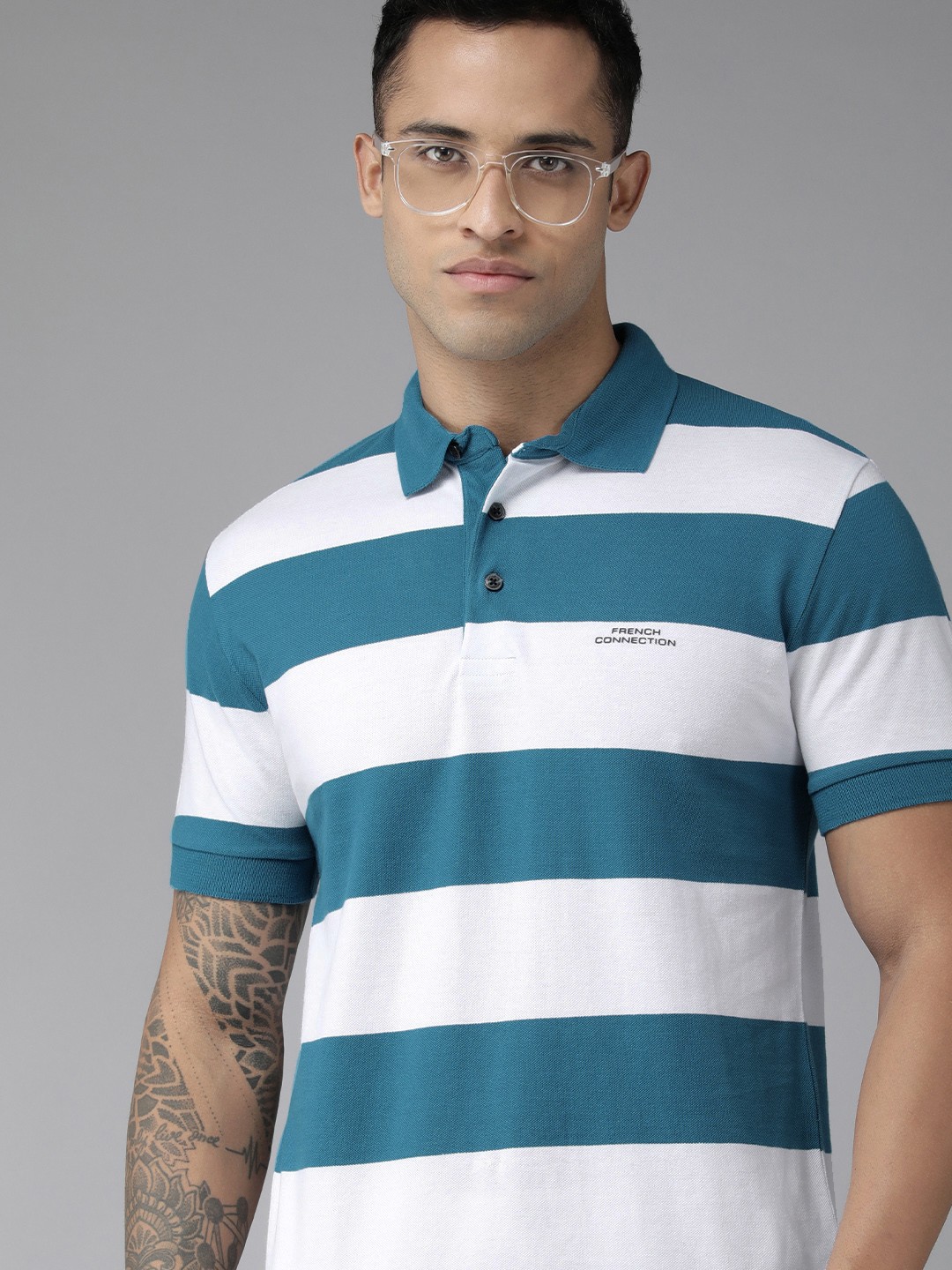

French Connection Men Blue & White Striped Polo Collar Pure Cotton Slim Fit T-shirt