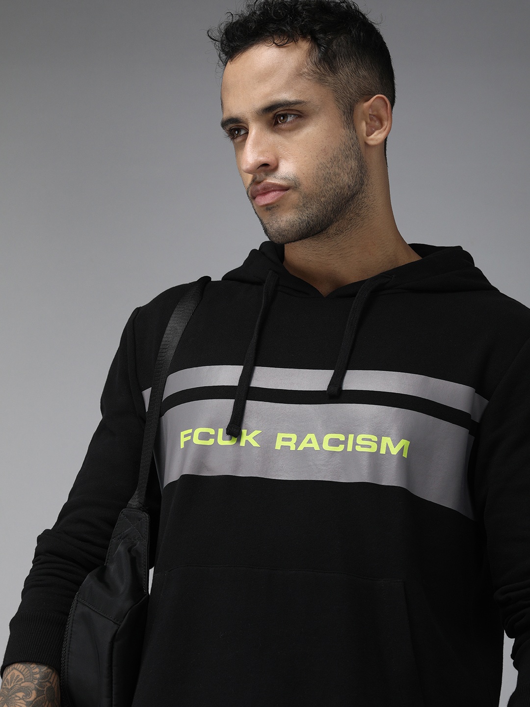 

French Connection Men Black Printed Hooded Sweatshirt