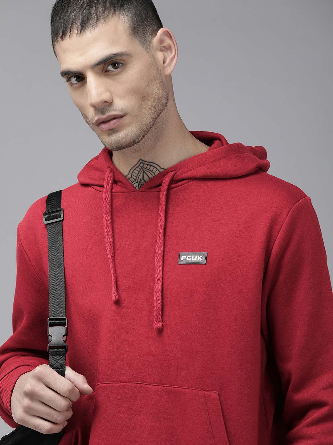 

French Connection Men Red Printed Hooded Pullover Sweatshirt