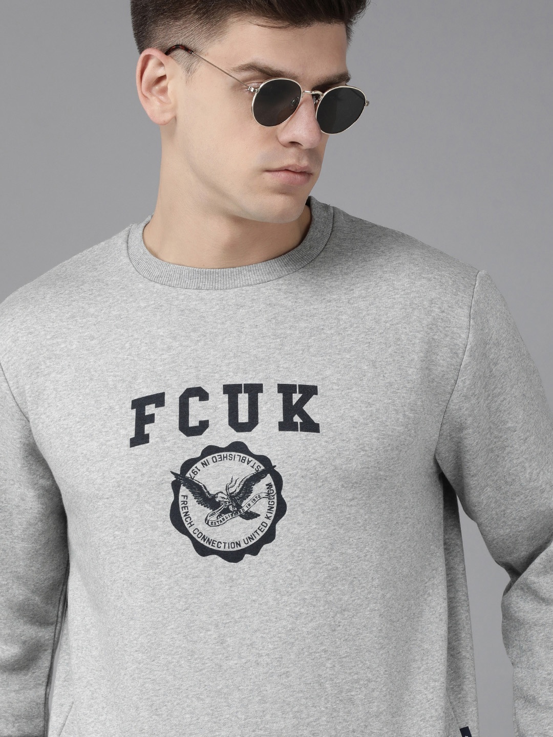 

French Connection Men Grey Melange Brand Logo Printed Sweatshirt