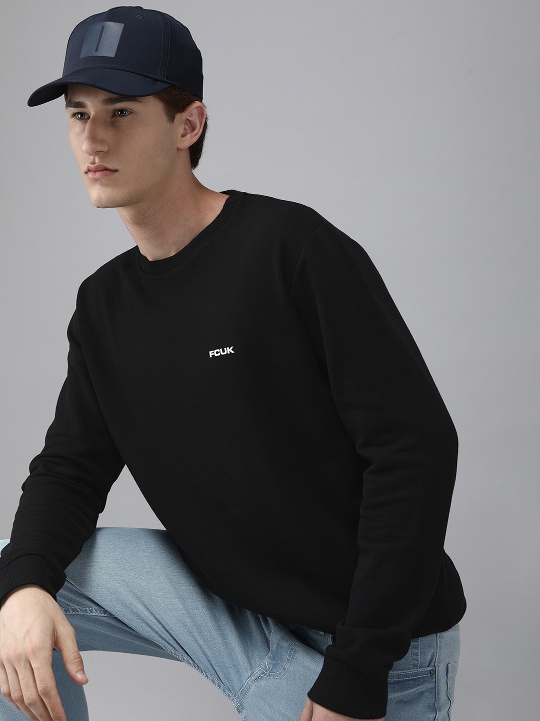 

French Connection Men Black Solid Sweatshirt