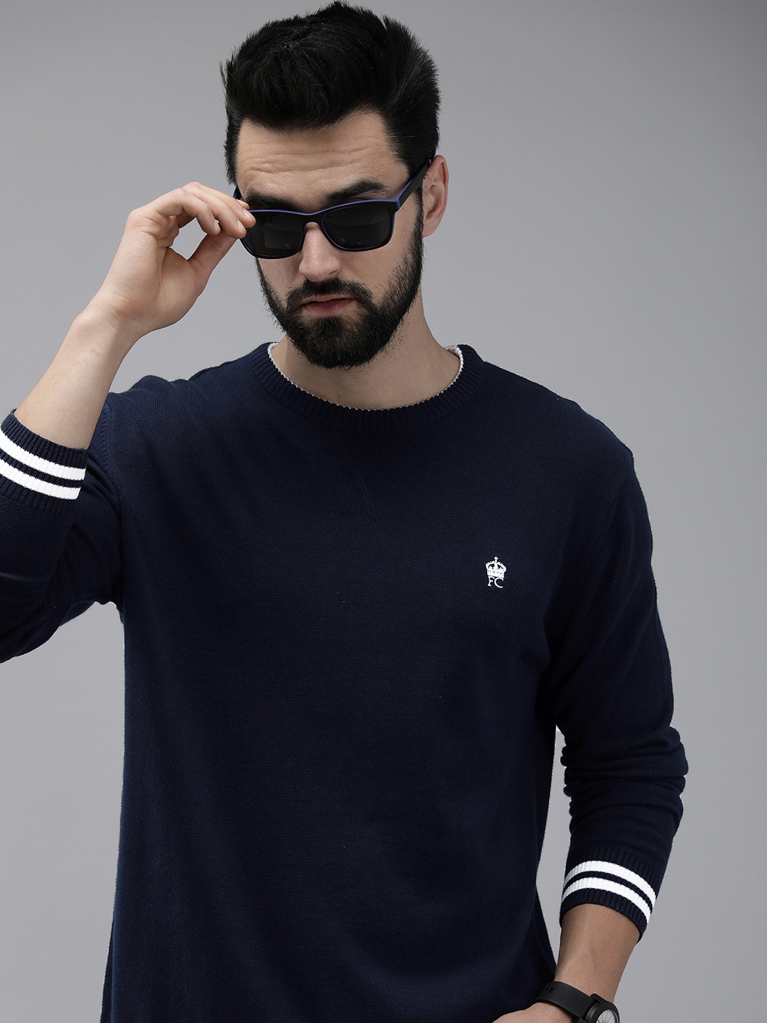 

French Connection Men Navy Blue Pure Cotton Solid Pullover Sweater