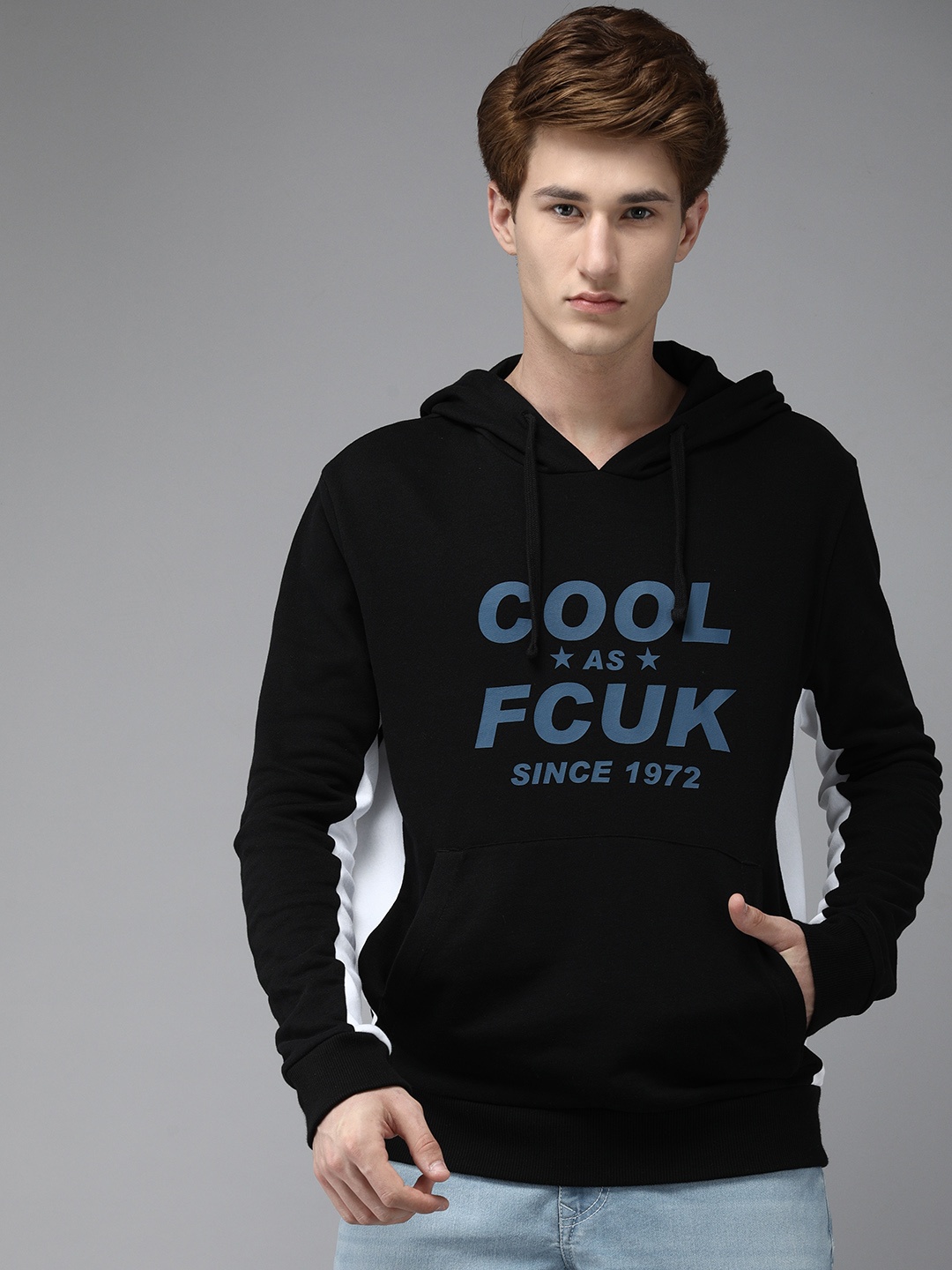 

French Connection Men Black Printed Hooded Sweatshirt