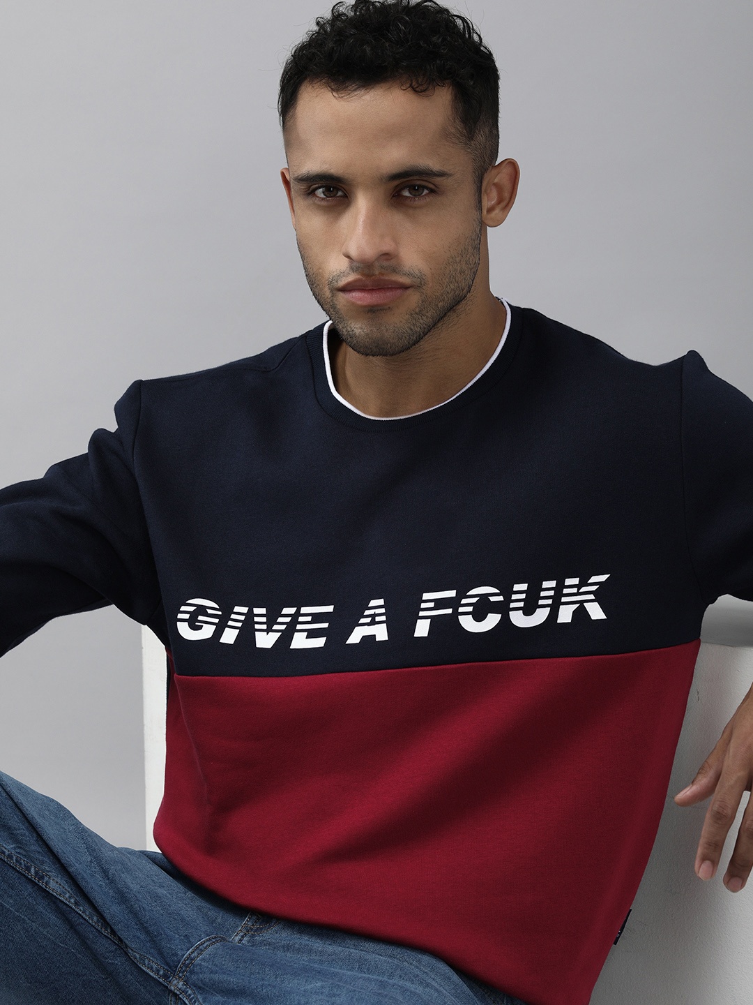 

French Connection Men Navy Blue & Maroon Colourblocked Sweatshirt