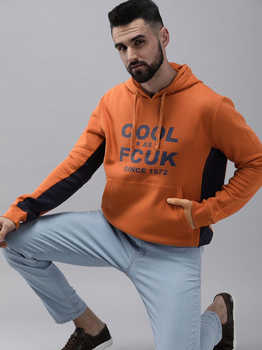 

French Connection Men Orange Printed Hooded Sweatshirt