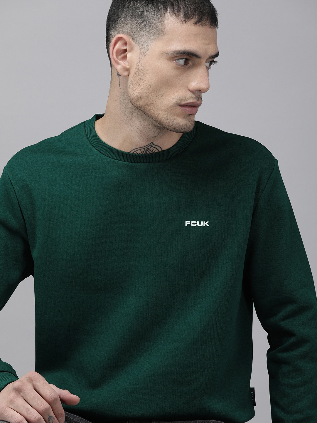 

French Connection Men Green Solid Sweatshirt