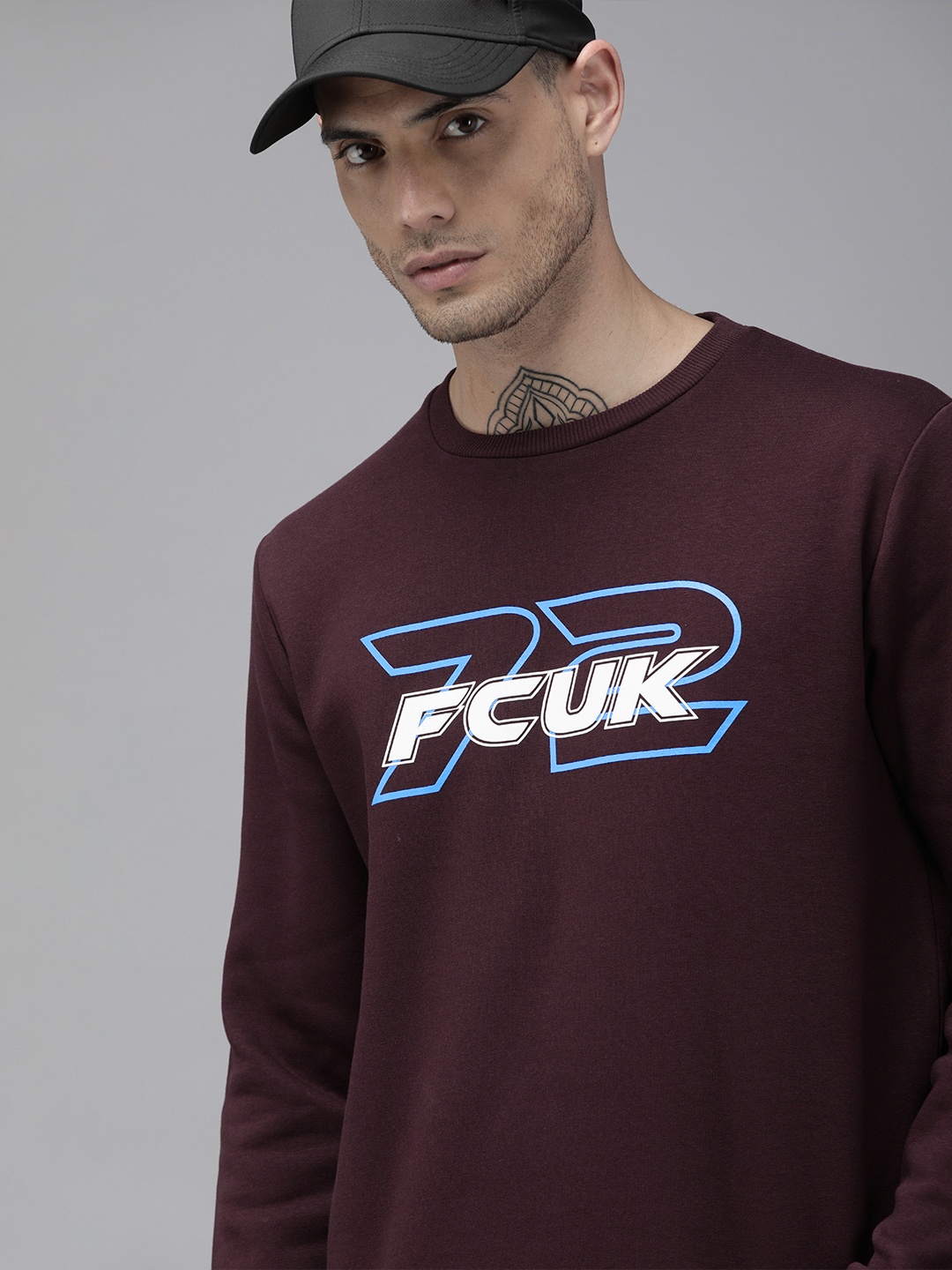 

French Connection Men Burgundy Printed Sweatshirt