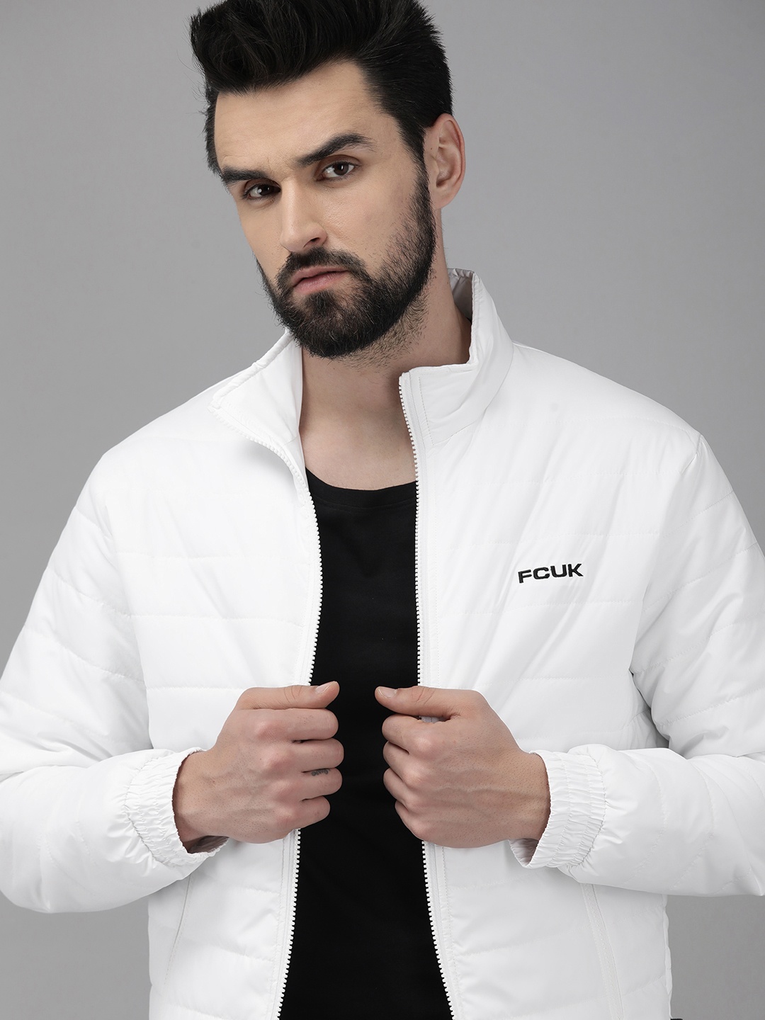 

French Connection Men White Padded Jacket with Brand Logo Embroidered Detail