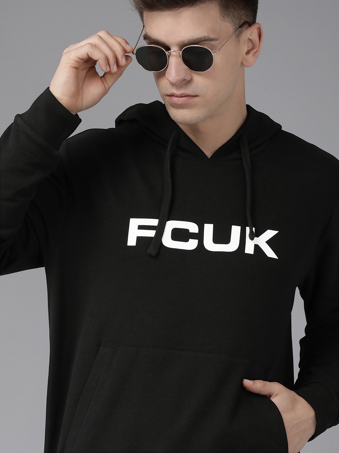 

French Connection Men Black Brand Logo Printed Hooded Sweatshirt
