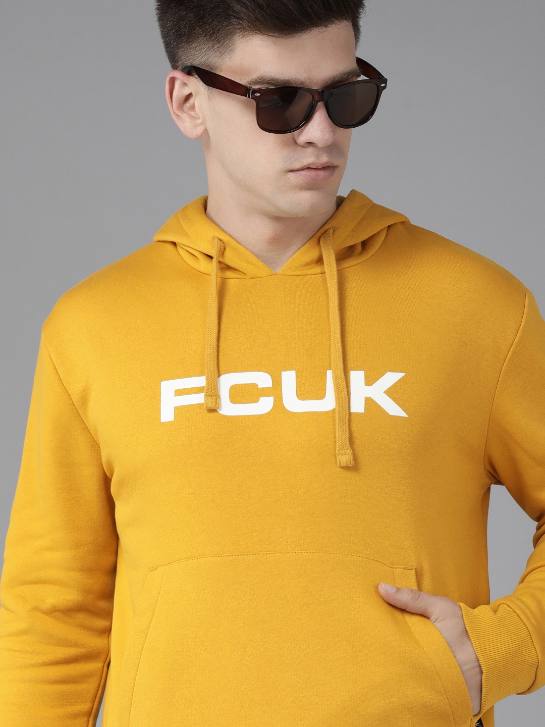

French Connection Men Mustard Yellow Brand Logo Printed Hooded Sweatshirt