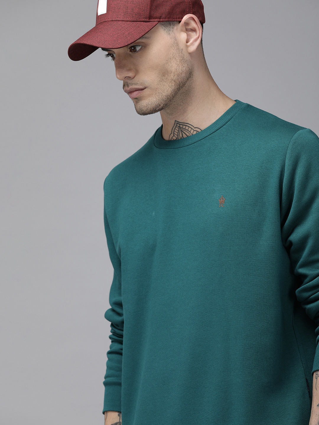 

French Connection Men Teal Blue Solid Sweatshirt