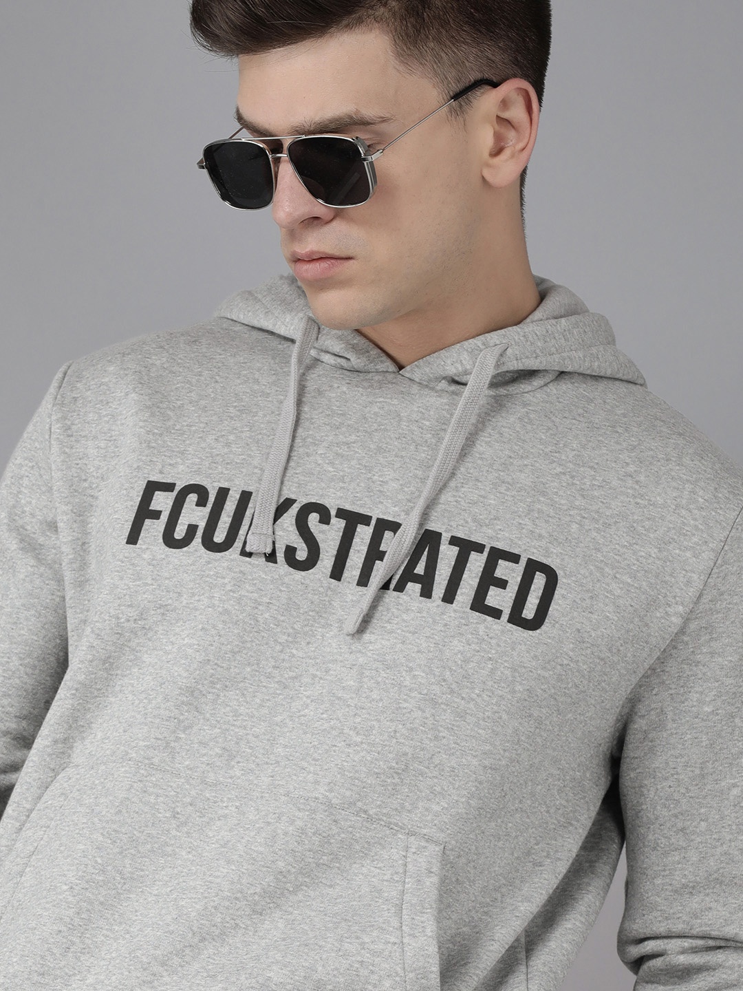 

French Connection Men Grey Melange Brand Logo Printed Hooded Sweatshirt
