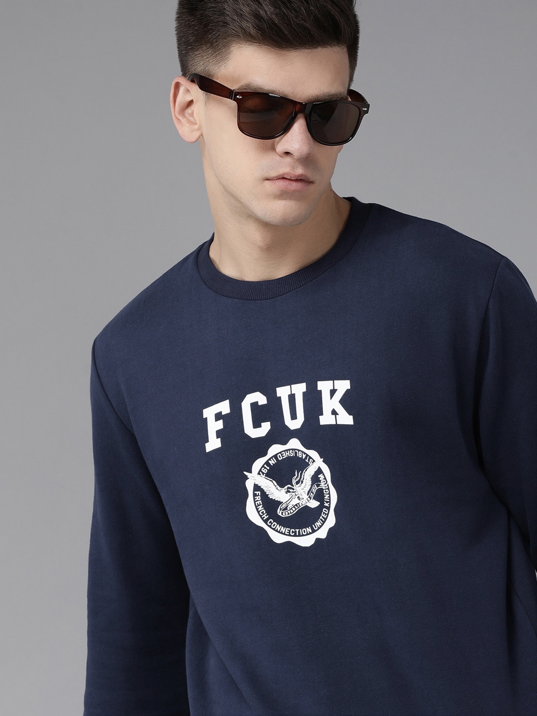 

French Connection Men Navy Blue Brand Logo Printed Sweatshirt