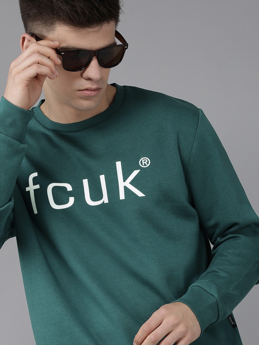 

French Connection Men Teal Green Brand Logo Printed Sweatshirt