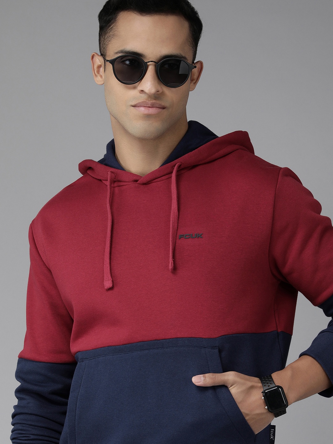 

French Connection Men Red Colourblocked Hooded Sweatshirt