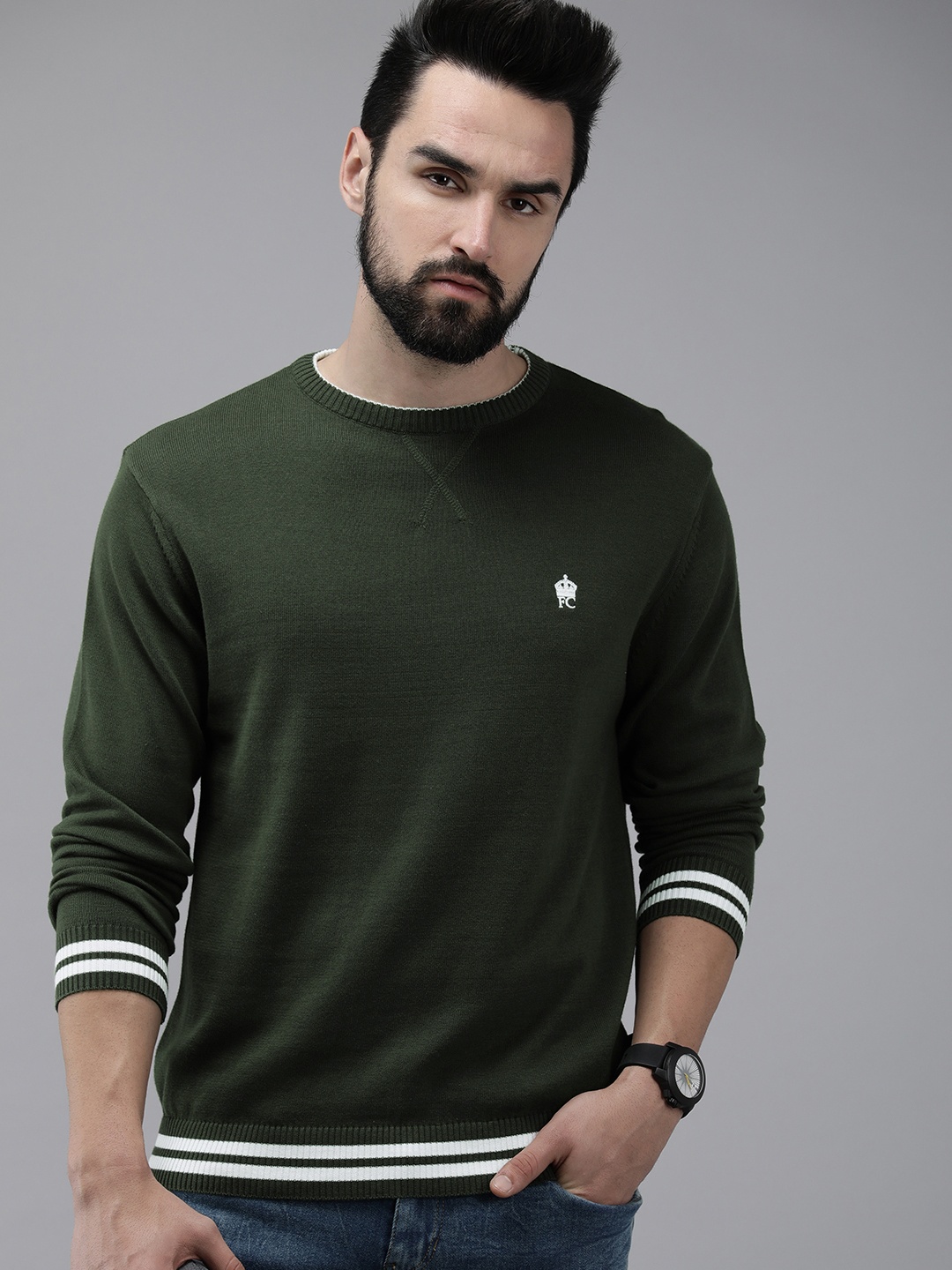 

French Connection Men Olive Green Pure Cotton Solid Pullover Sweater