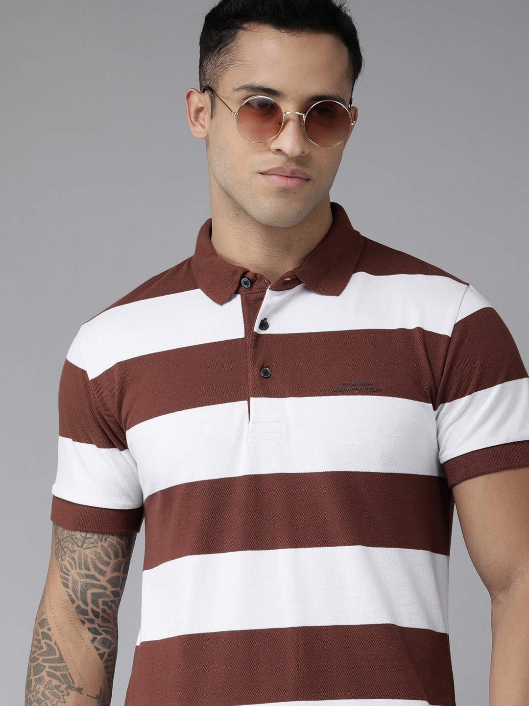 

French Connection Men Brown & White Striped Polo Collar Pure Cotton Slim Fit T-shirt