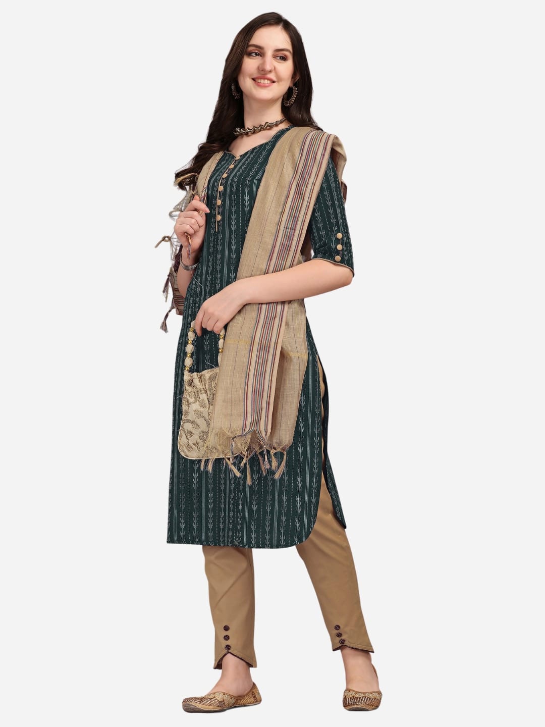 

KALINI Women Green Striped Kurta with Trousers & With Dupatta