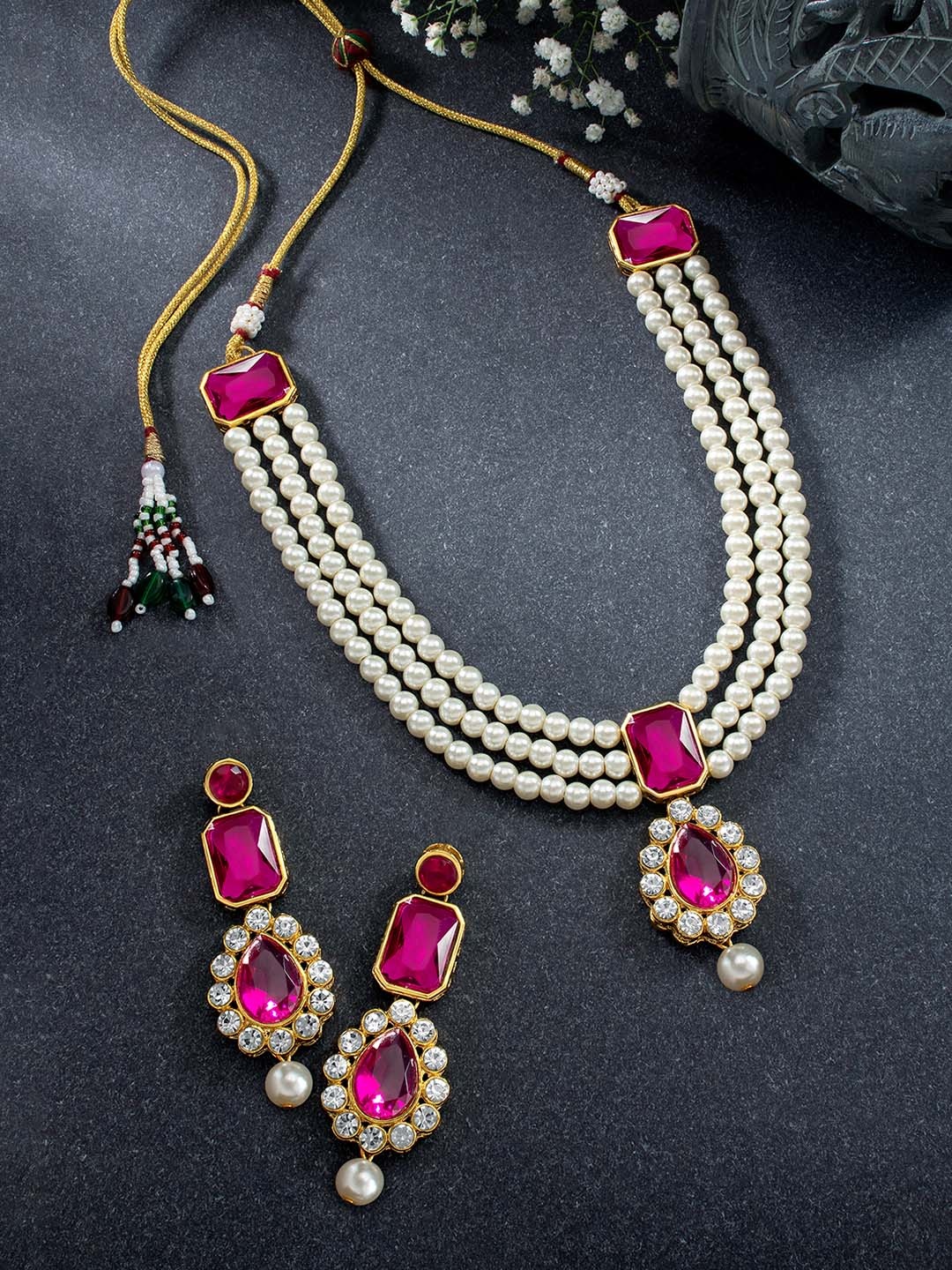 

Peora Gold-Plated Fuchsia Pink Kundan Long Necklace Earring Jewellery Set