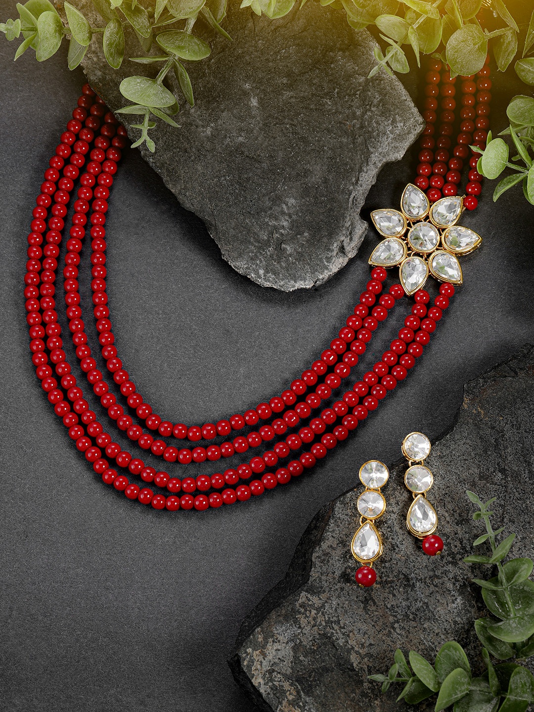 

Peora Maroon Gold-Plated Maroon Kundan Necklace Earrings Jewellery Set