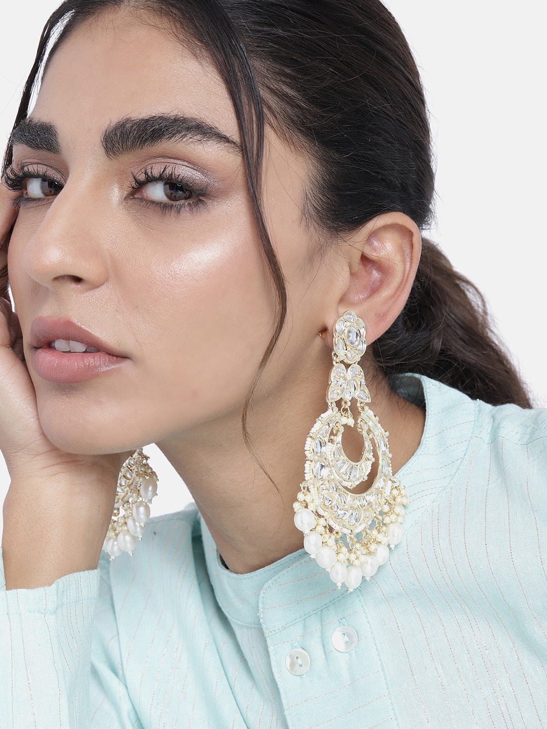 

Peora White Traditional Gold Plated Kundan & Pearl Chandbalis