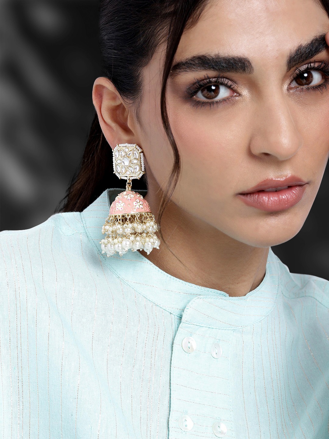 

Peora Peach-Coloured Gold Plated Enamel Meenakari Kundan Pearls Jhumkas