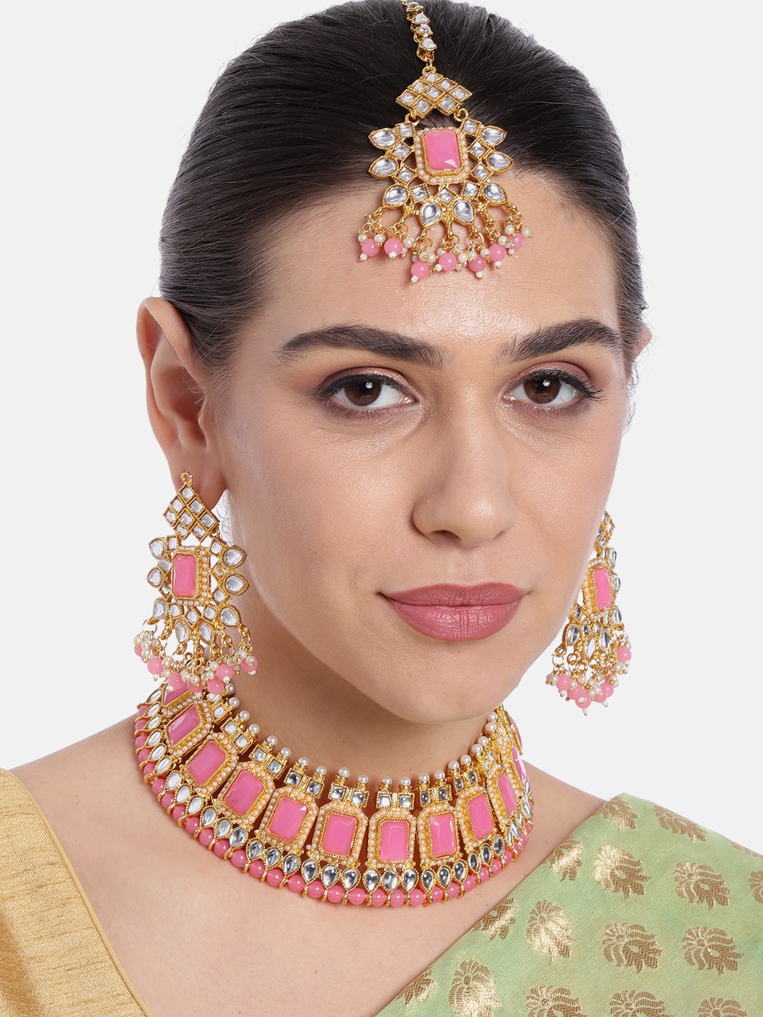 

Peora Gold Plated & Pink Pearl Beaded Crystal Studded Jewellery set