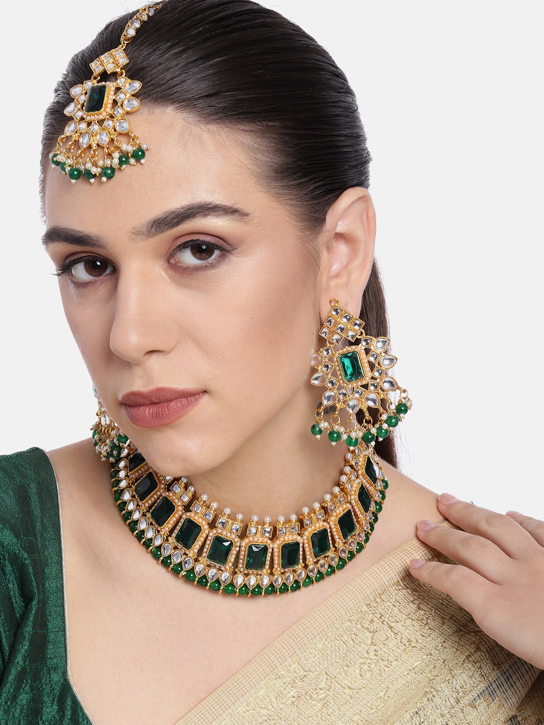 

Peora Gold-Plated & Green Pearl-Beaded Crystal Studded Jewellery set
