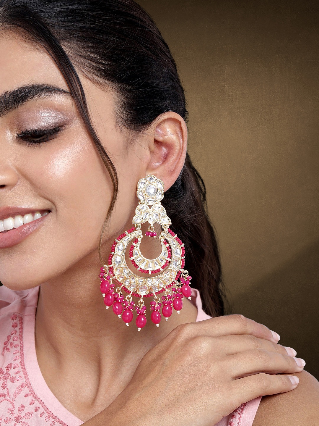 

Peora Pink & Gold-Toned Fashion Kundan Faux Pearl Chandbali Earrings