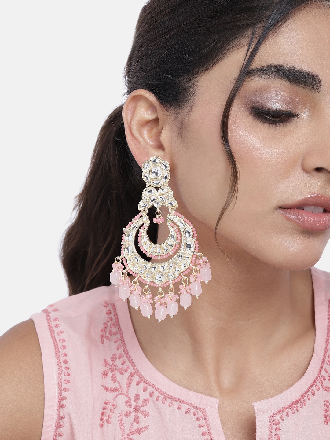 

Peora Pink & Gold-Toned Traditional Kundan & Pearl Chandbali Earrings