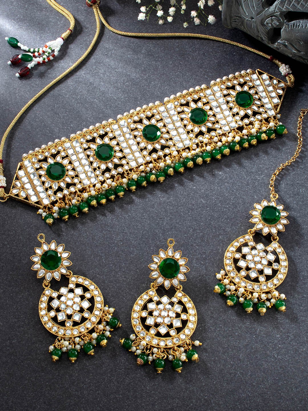 

Peora Gold-Plated & Green Crystal Studded Jewellery set