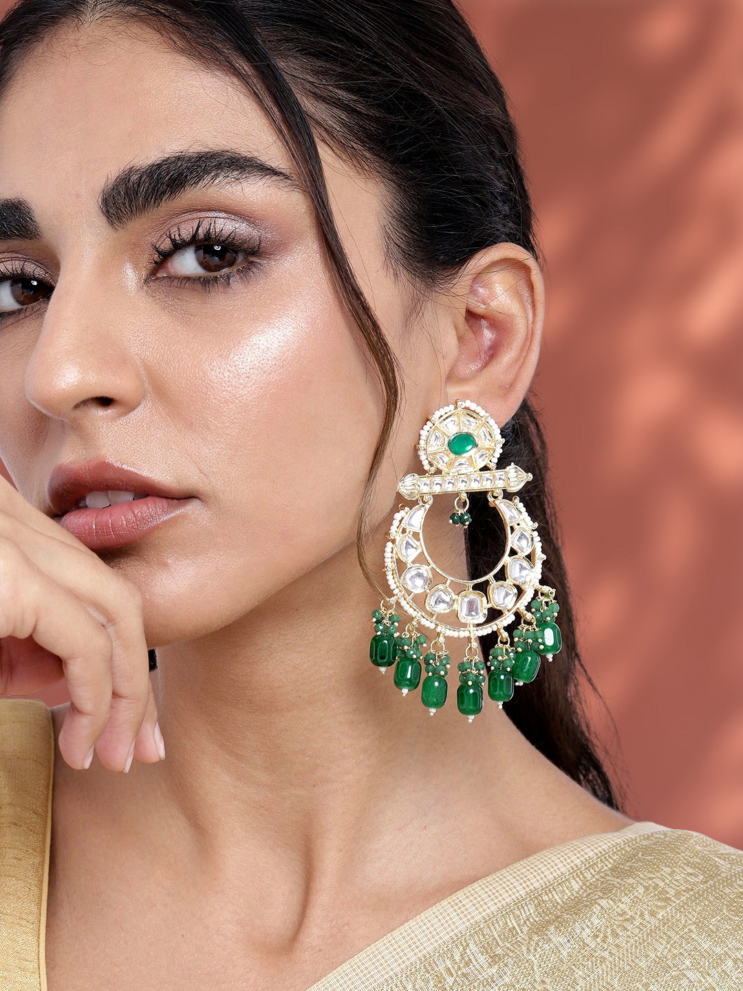

Peora Green & Gold-Plated Circular Chandbalis Earrings