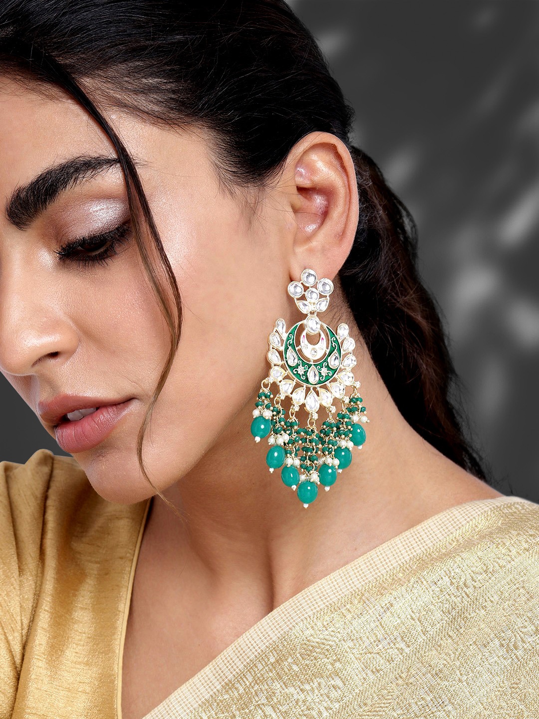 

Peora Green & Gold-Plated Enamel Meenakari Chandbali Stylish Faux Pearls with Kundan