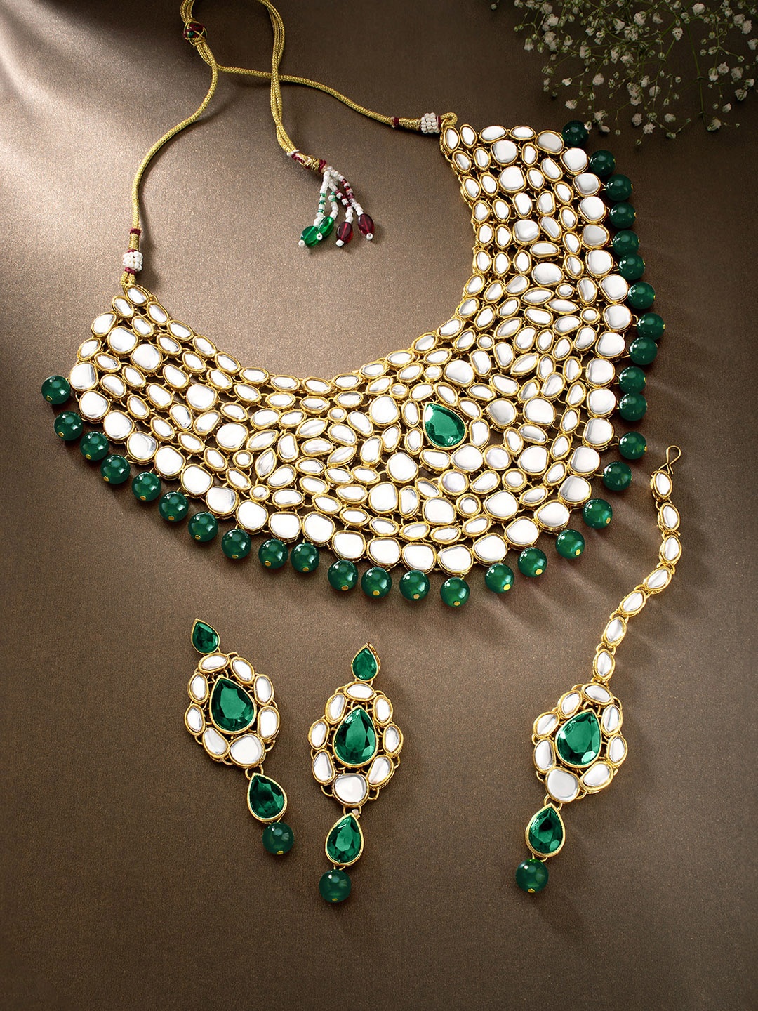 

Peora Gold-Plated & Green Crystal Studded Jewellery set