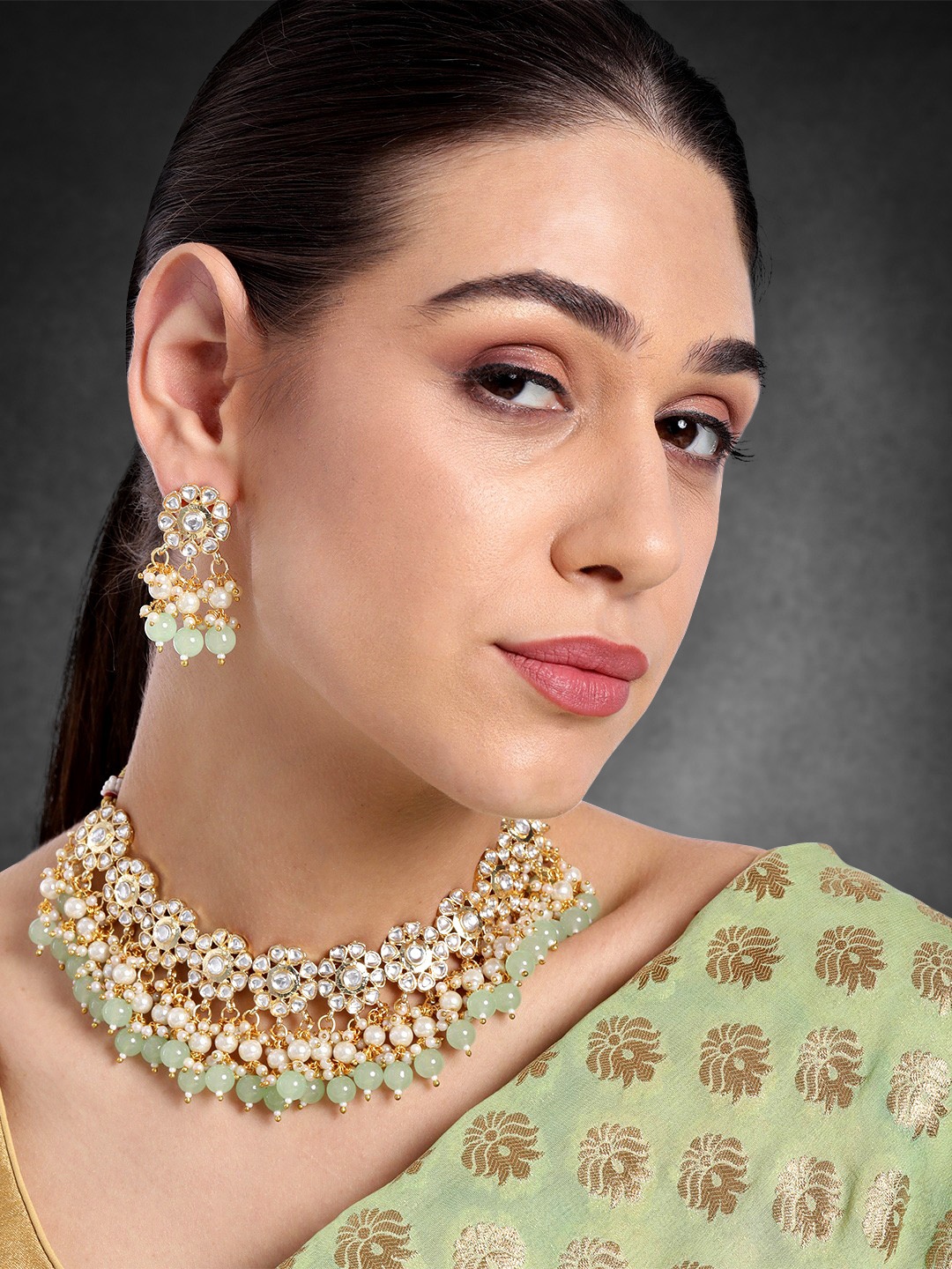 

Peora Gold-Plated & Mint Green Pearl Beaded Crystal Studded Jewellery set