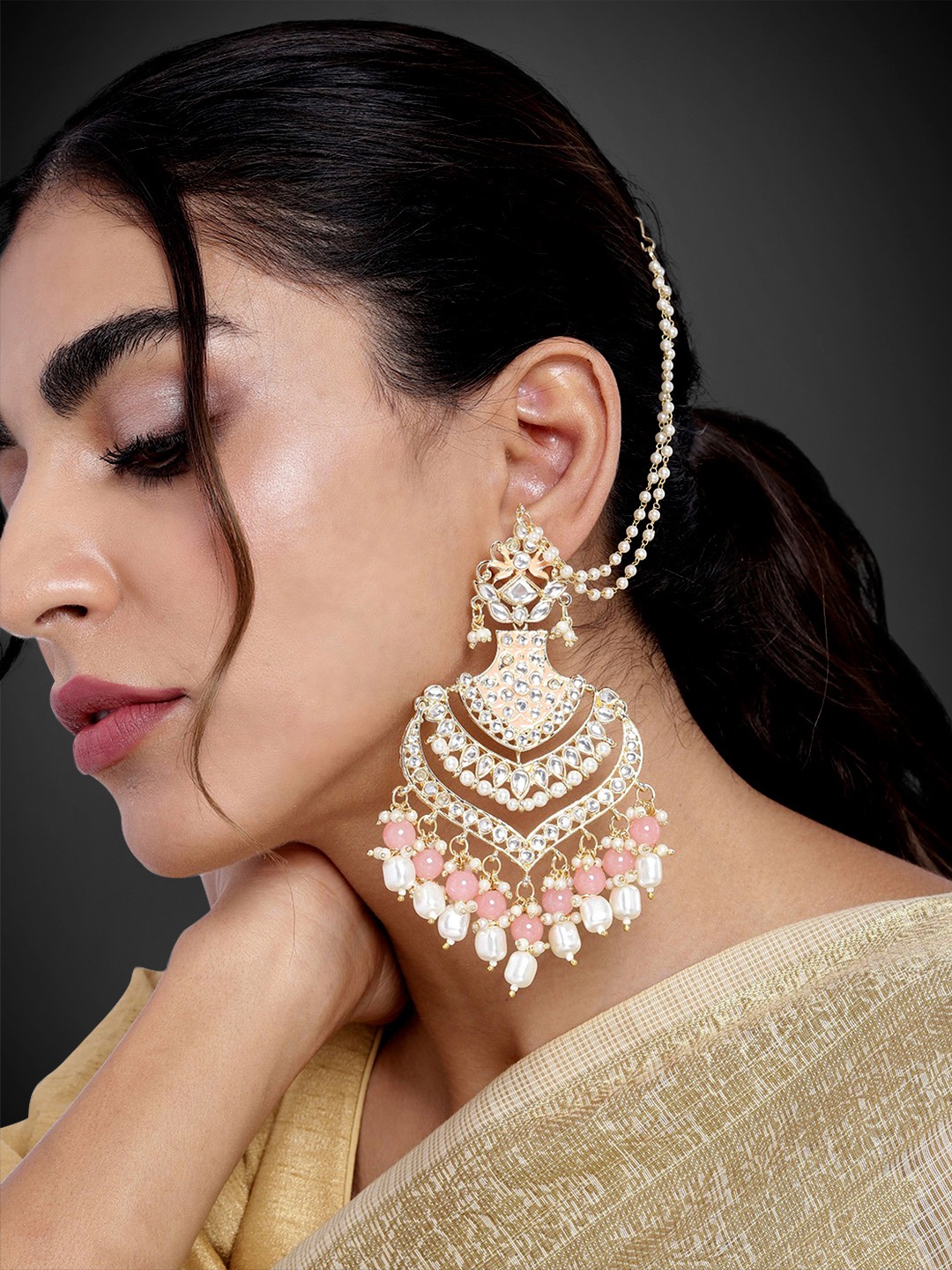 

Peora Peach-Coloured & Gold-Plated Kundan Pearl Dangling Earrings With Chain Jewellery