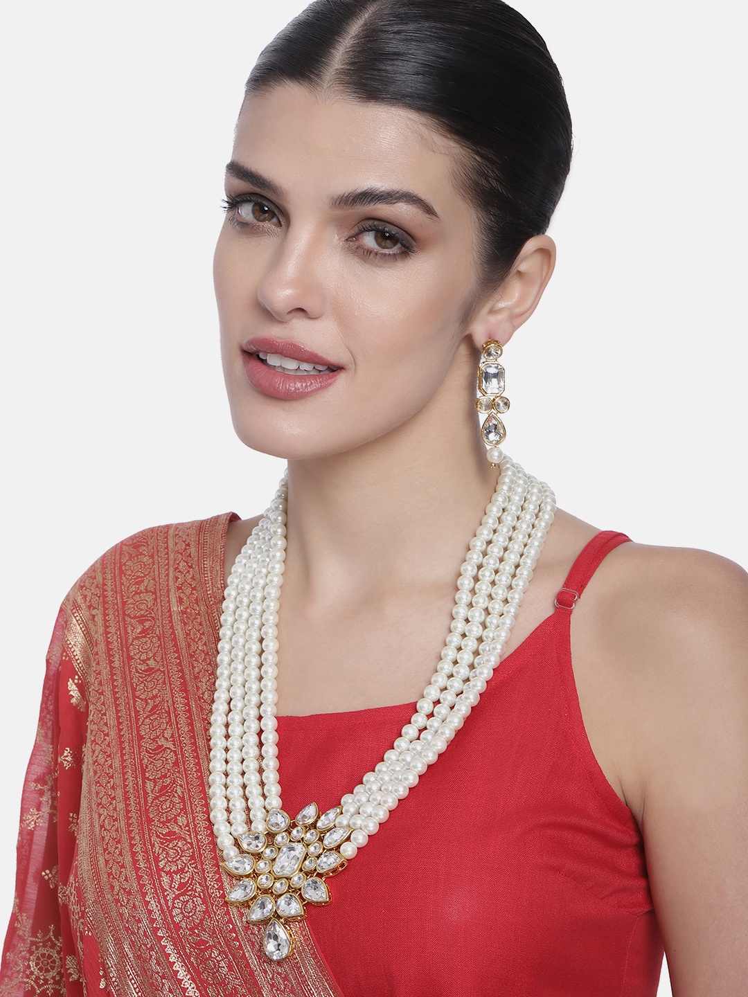

Peora Gold-Plated & White Kundan Pearl Jewellery Set