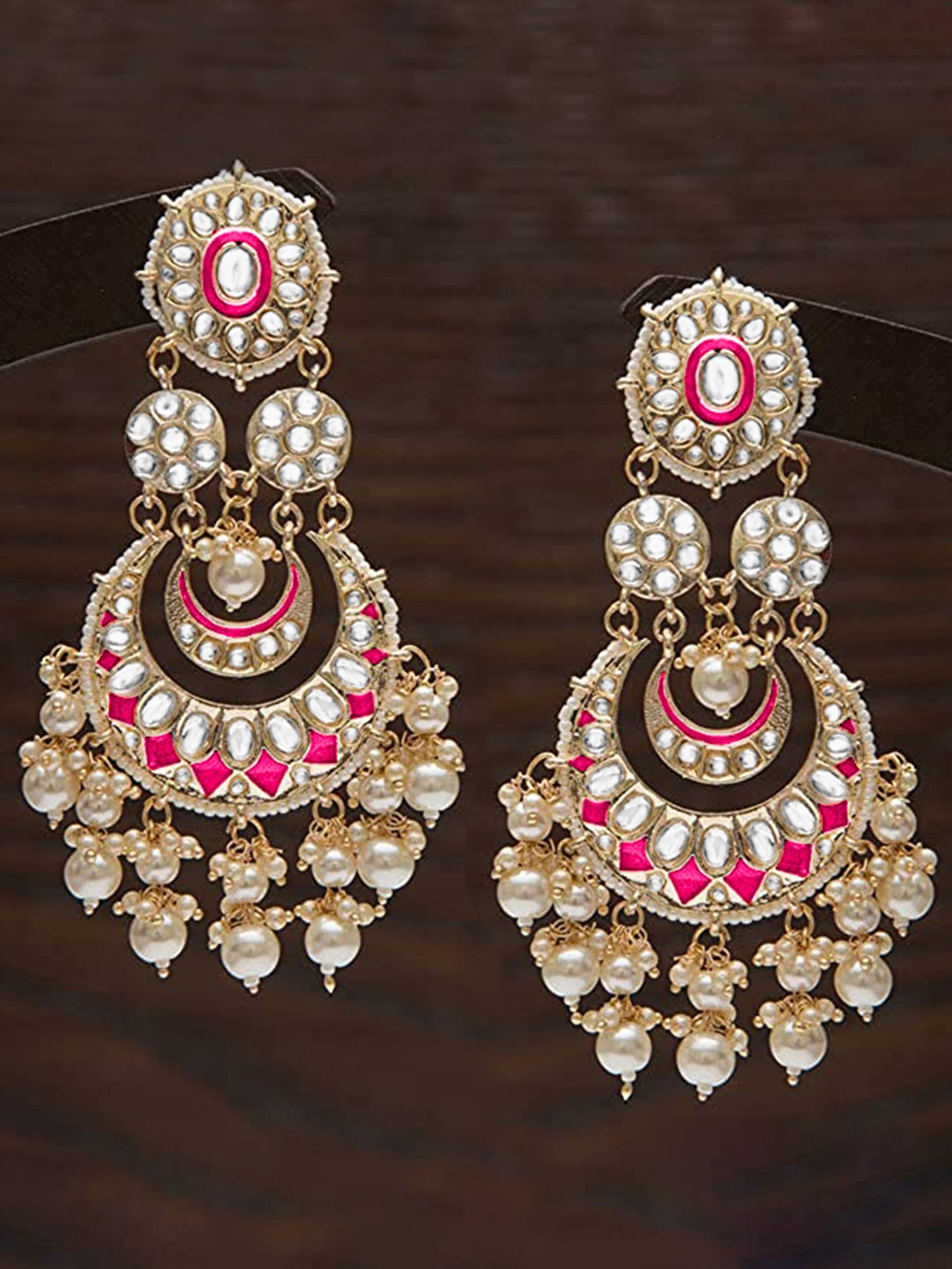 

Peora Pink & Gold-Plated Kundan and Pearl Dangle Drop Earrings