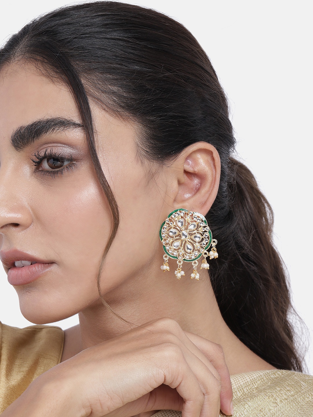 

Peora Gold-Toned & Green Kundan Indian Traditional Dangle Earring