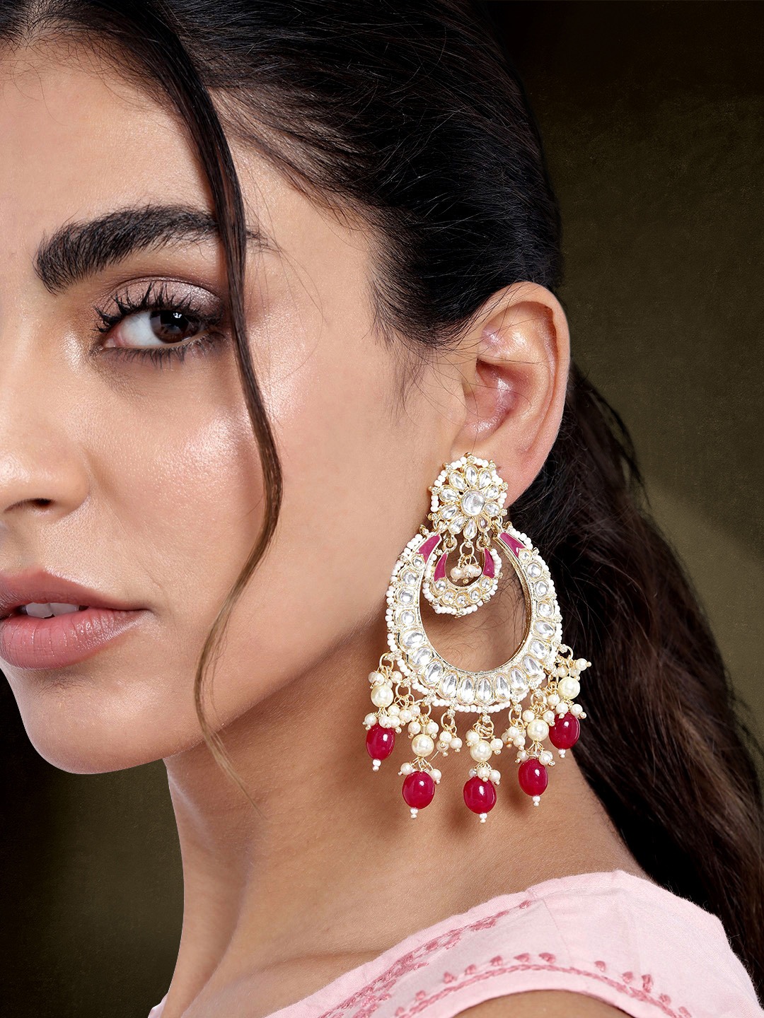 

Peora Pink & Gold Plated Chandbalis Glided with Kundan & Pearls