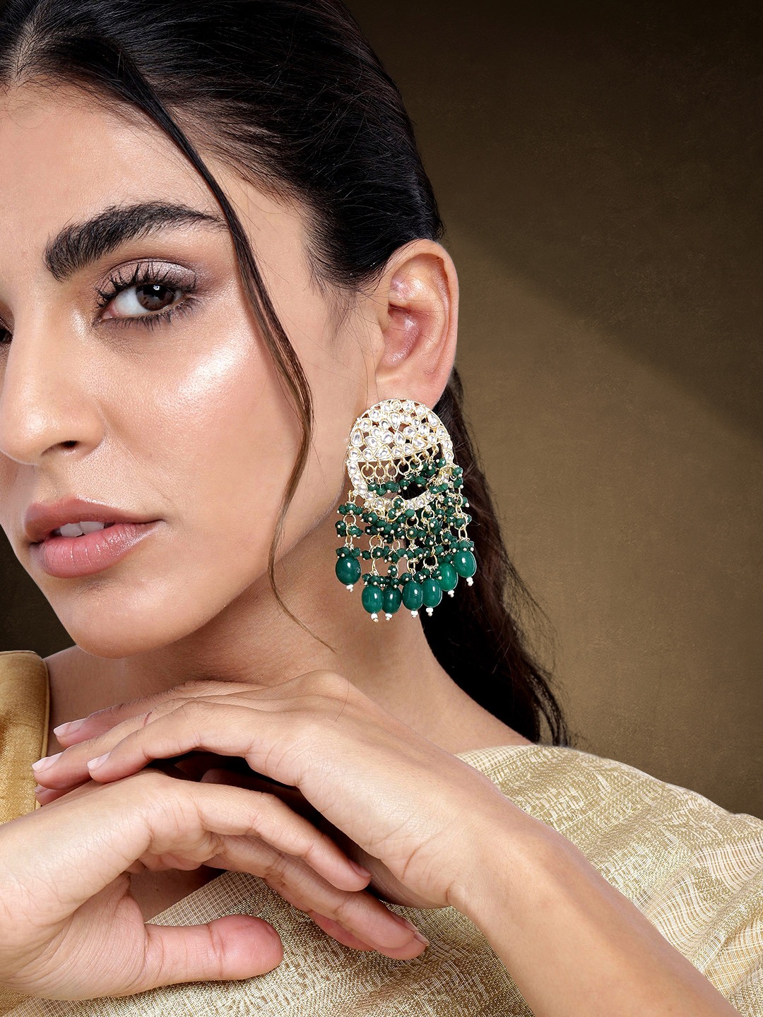 

Peora Green & Gold-Toned Traditional Kundan Pearls Dangle Earrings