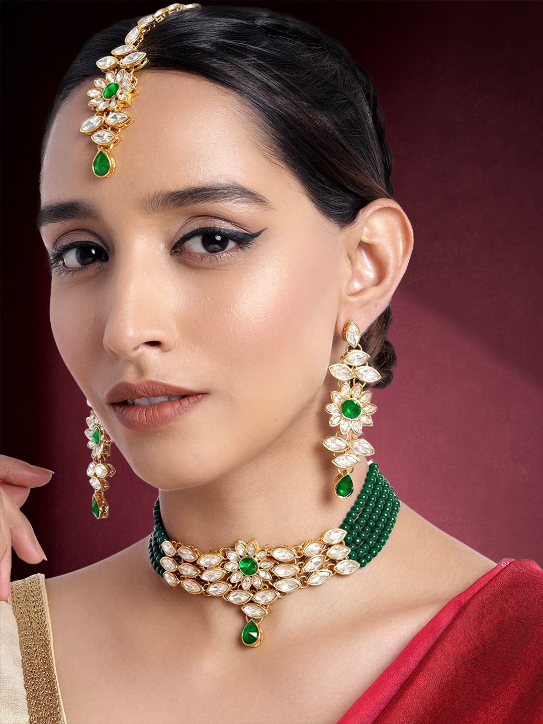 

Peora Gold-Plated & Green Crystal Studded Jewellery set