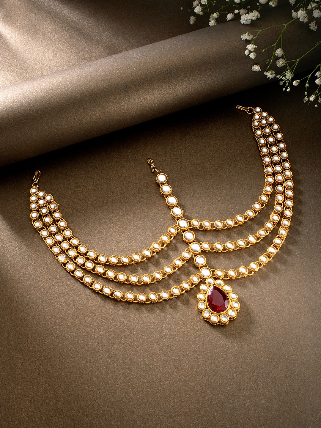 

Peora Gold-Plated Maroon 3 Layer Crystal Kundan Matha Patti