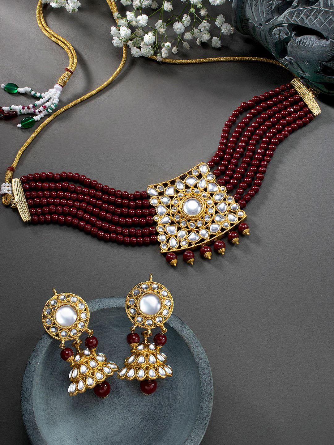 

Peora Gold-Plated Maroon Kundan Pearl Choker Necklace Jewellery Set