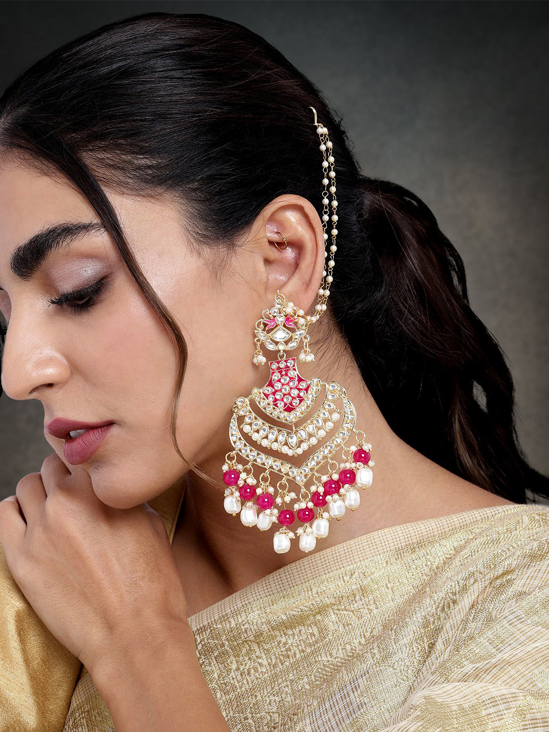 

Peora Pink & Gold-Plated Pink Kundan Pearl Dangling Earrings With Chain