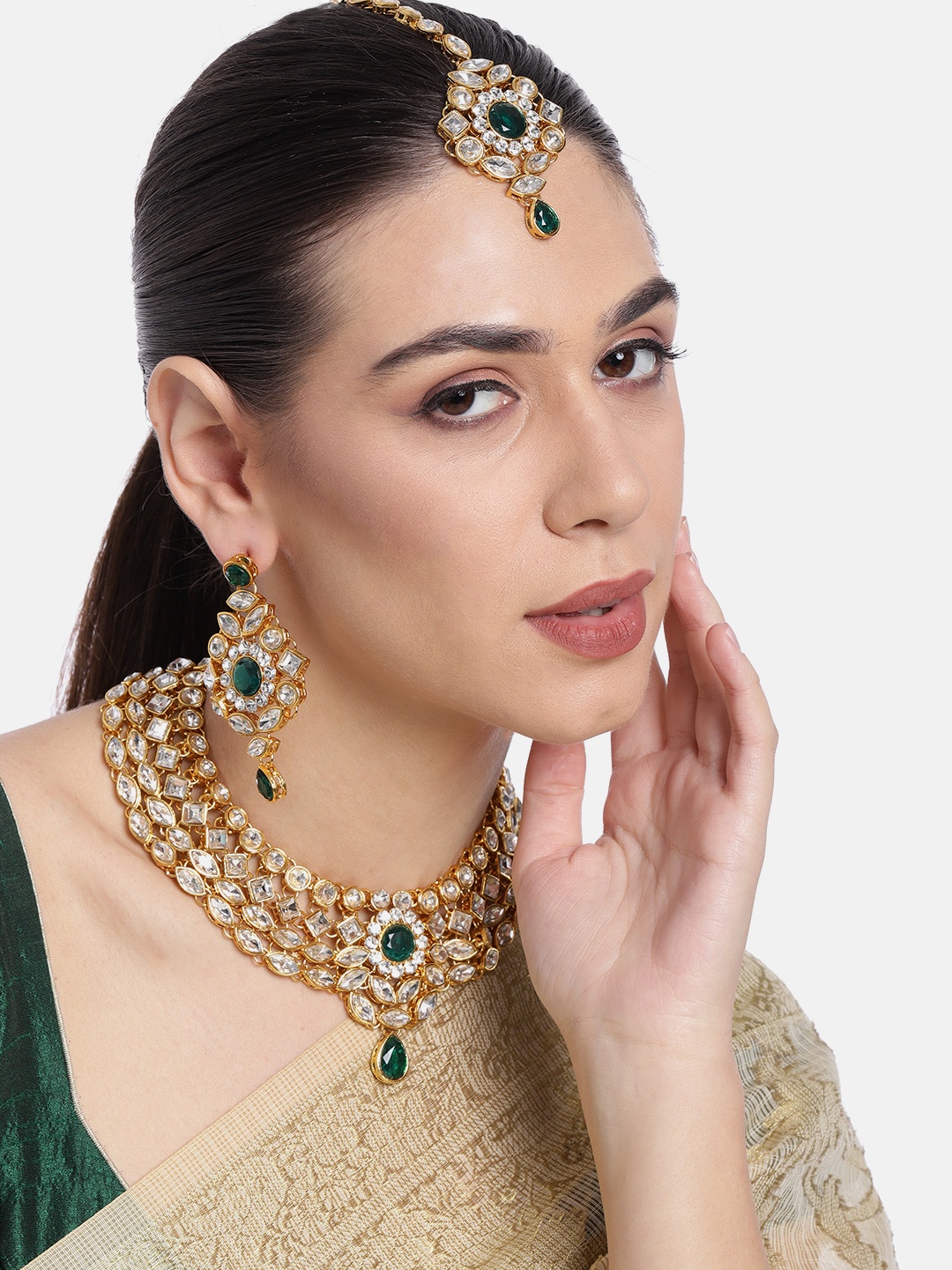 

Peora Gold-Plated & Green Crystal Studded Jewellery Set